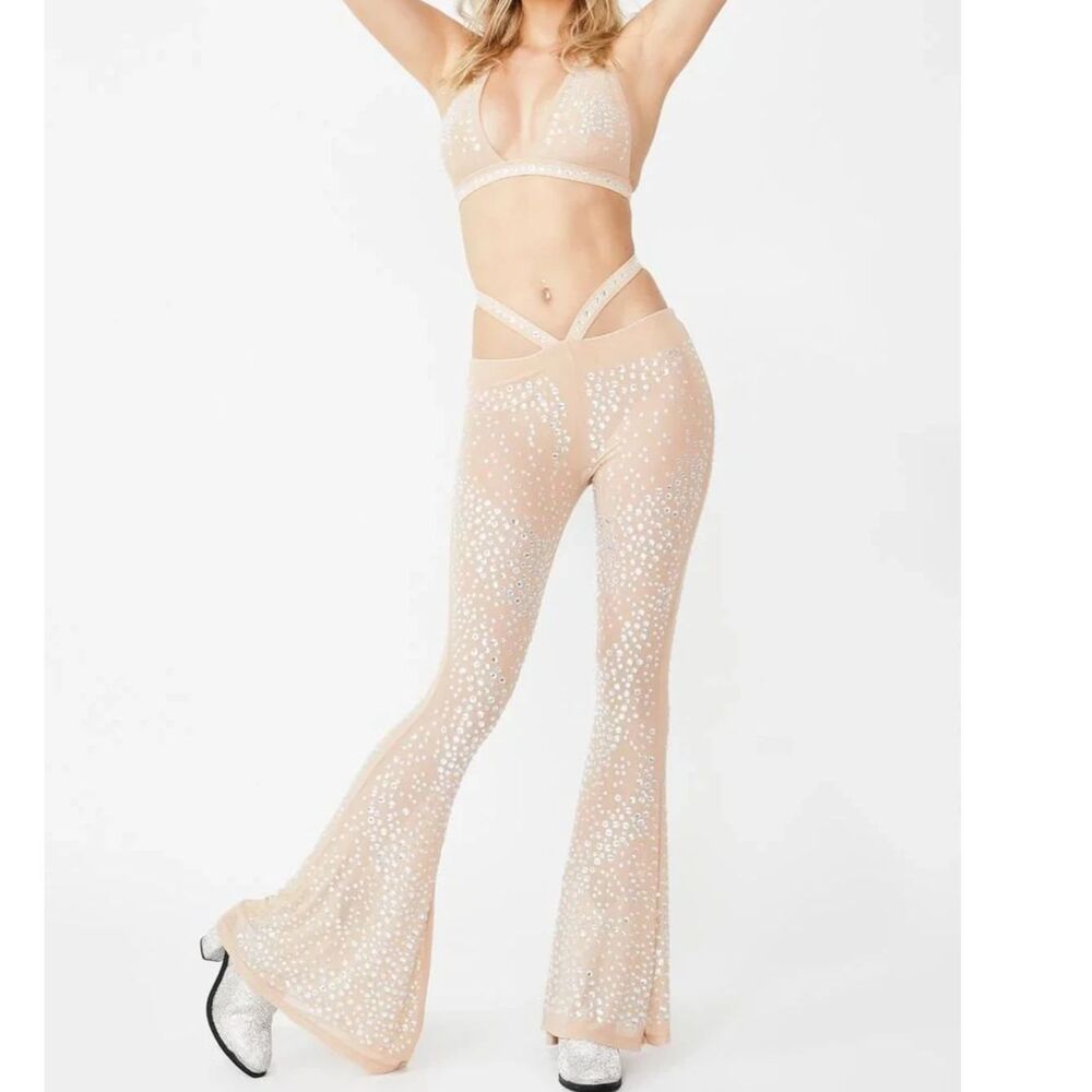 DollsKill Nude Stardust Showdown Rhinestone Sheer Mesh Set S
